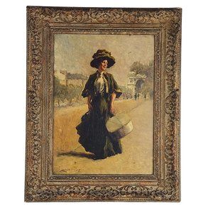 1908 Andrés Gimeno Oil on Board depicting a smiling fashionably dressed Lady